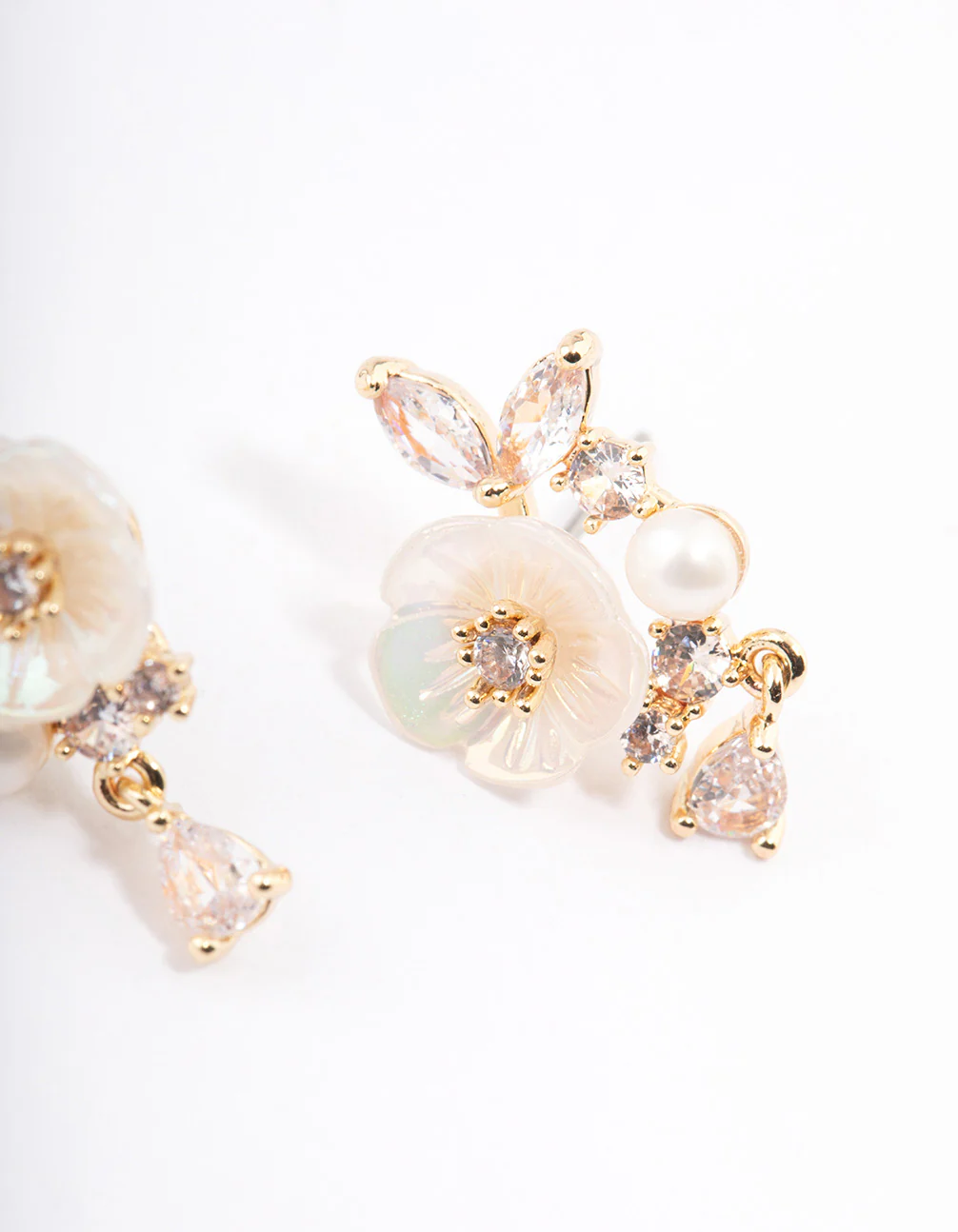 Gold Plated Cubic Zirconia Floral Detailed Pearl Earrings - Image 2