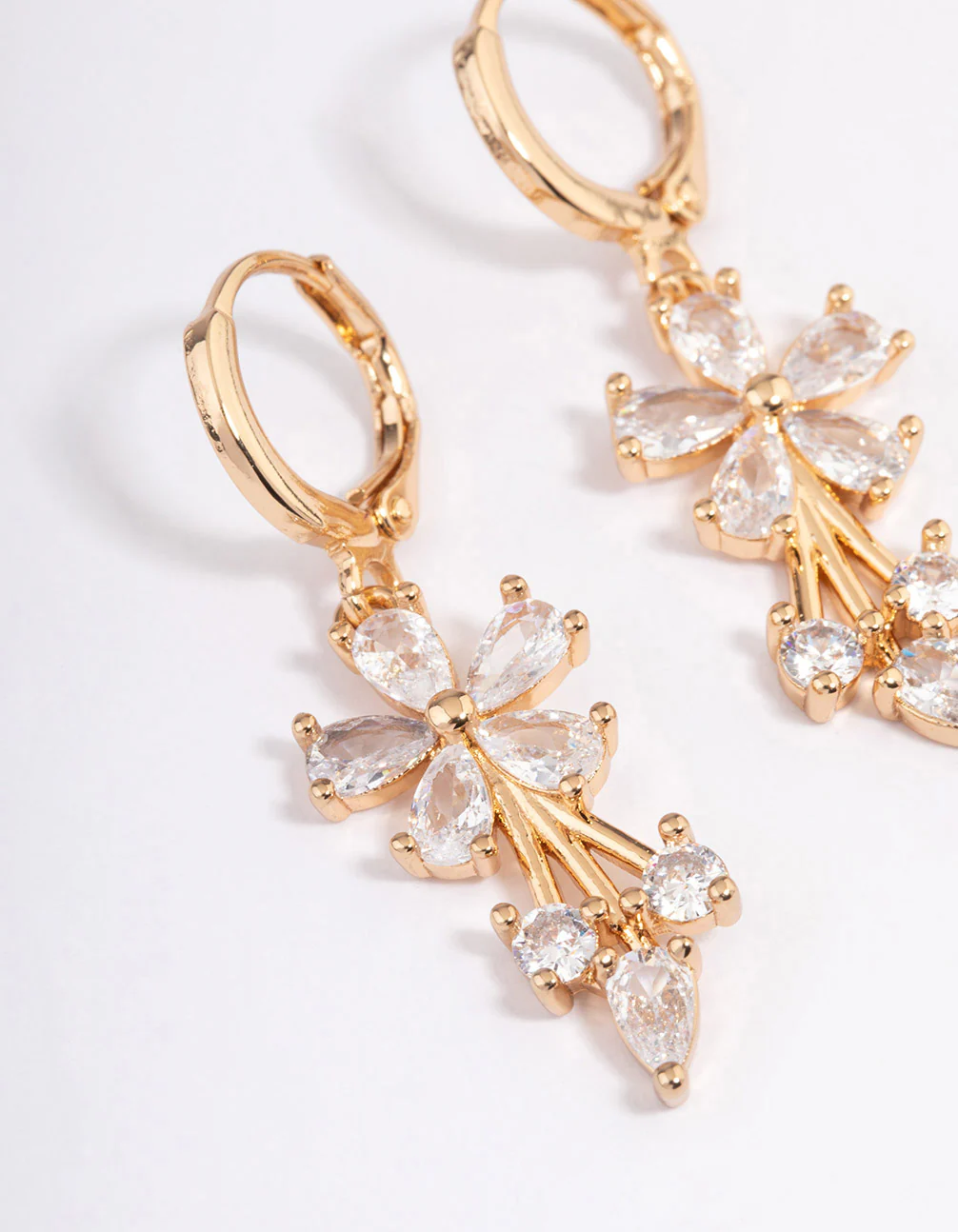 Gold Plated Cubic Zirconia Flower Drop Huggie Earrings - Image 2