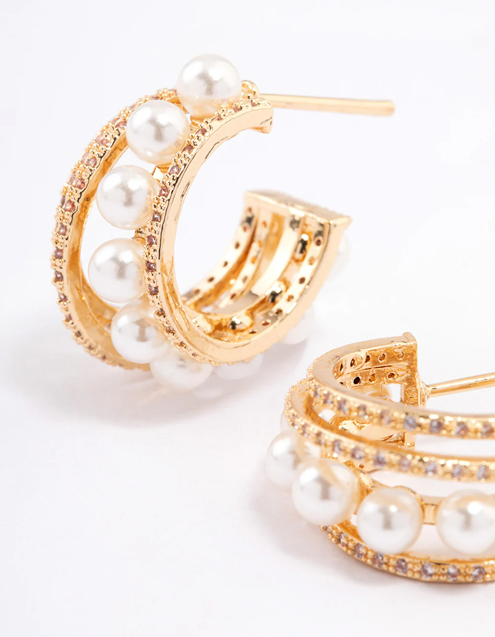Gold Plated Cubic Zirconia Pearl Layered Small Earrings - Image 2