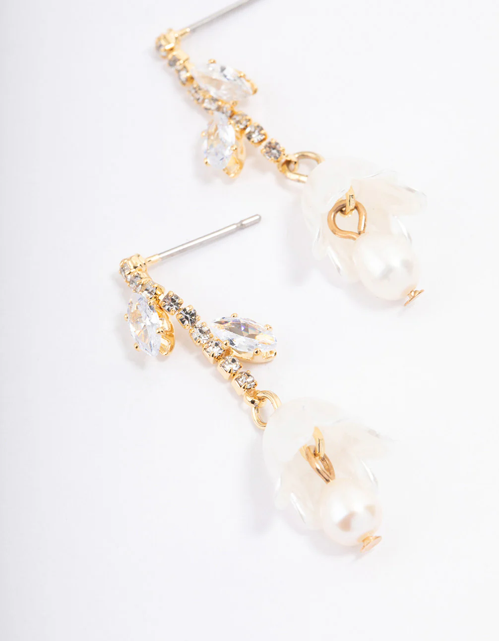Gold Plated Freshwater Pearl Cubic Zirconia Tulip Drop Earrings - Image 2
