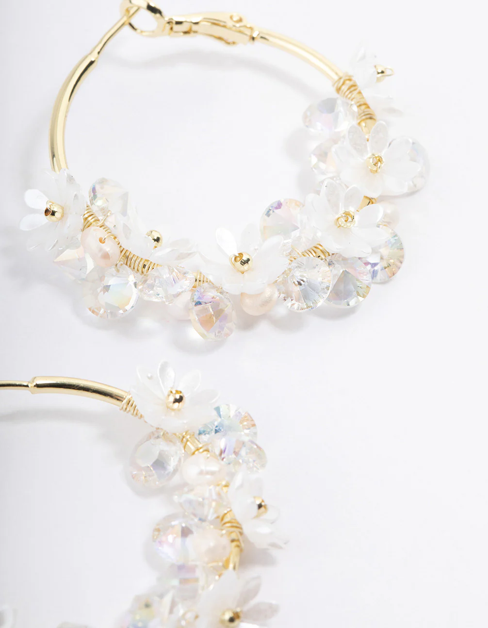 Gold Plated Freshwater Pearl Diamante Flower Hoop Earrings - Image 2