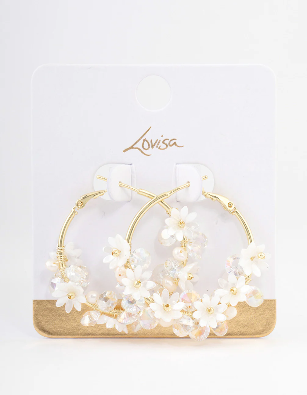 Gold Plated Freshwater Pearl Diamante Flower Hoop Earrings - Image 3