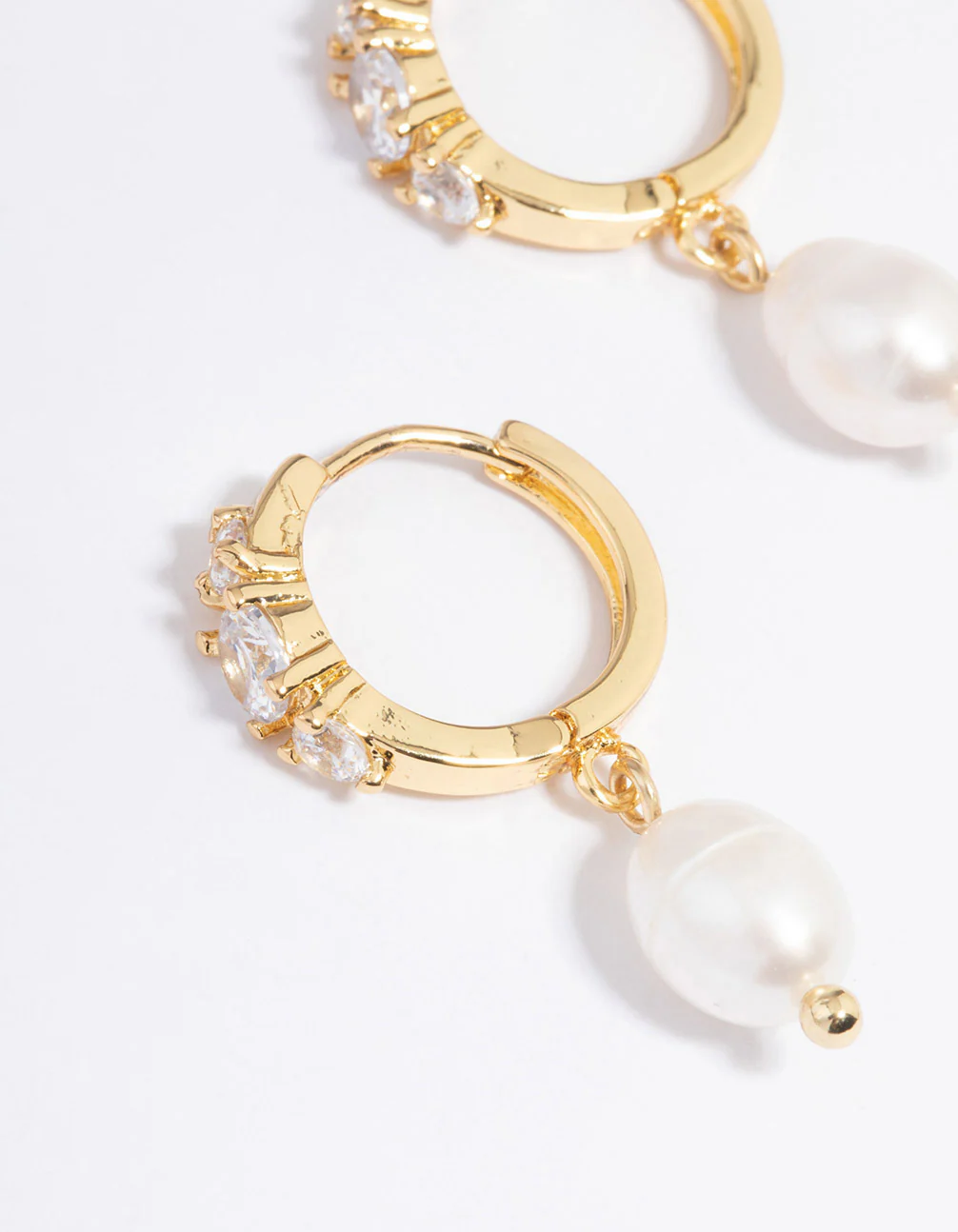 Gold Plated Freshwater Pearl Cubic Zirconia Small Huggie Hoop Earrings - Image 2