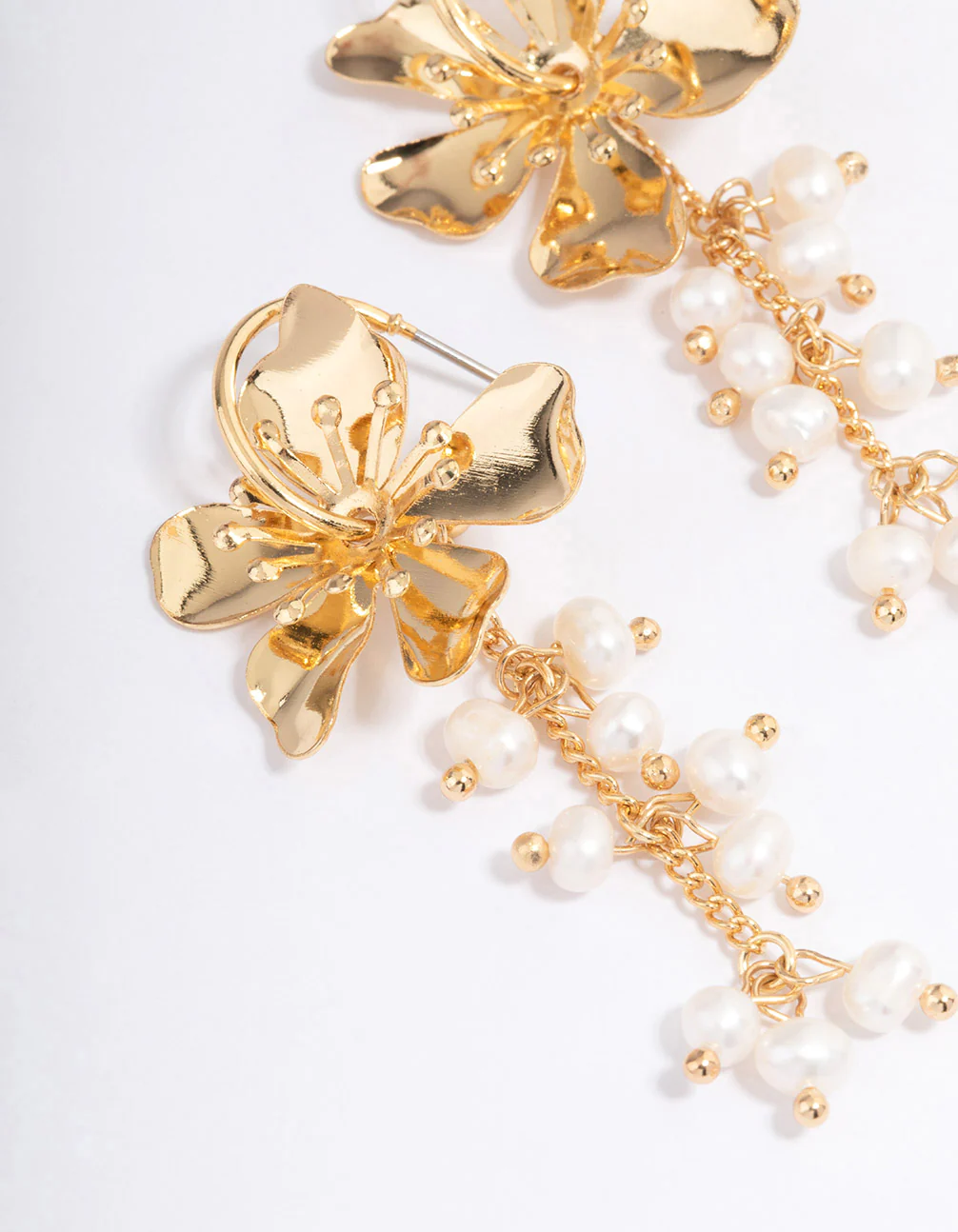 Gold Plated Large Flower Freshwater Pearls Cluster Earrings - Image 2