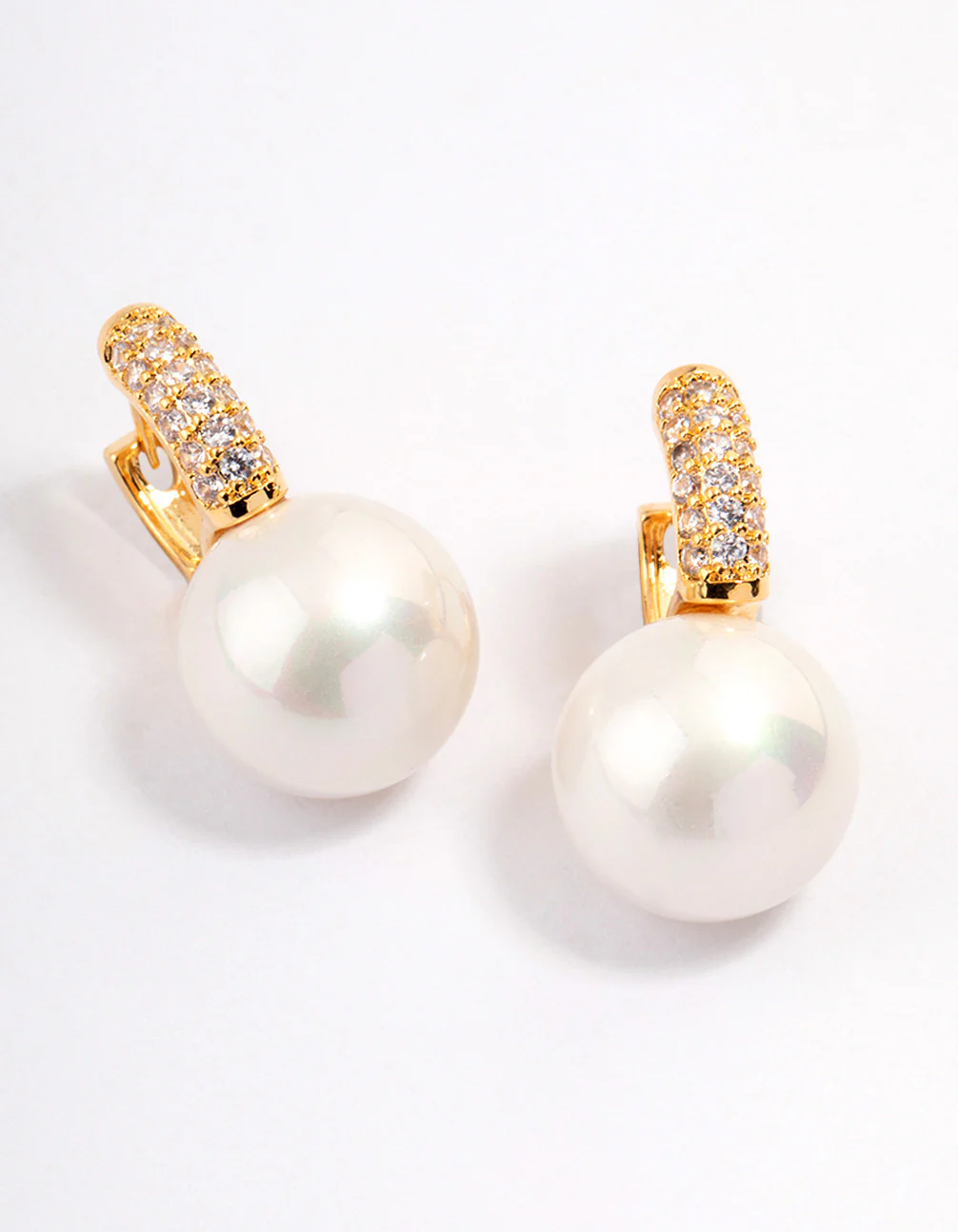 Gold Plated Large Pearl Drop Cubic Zirconia Huggie Earrings - Image 2