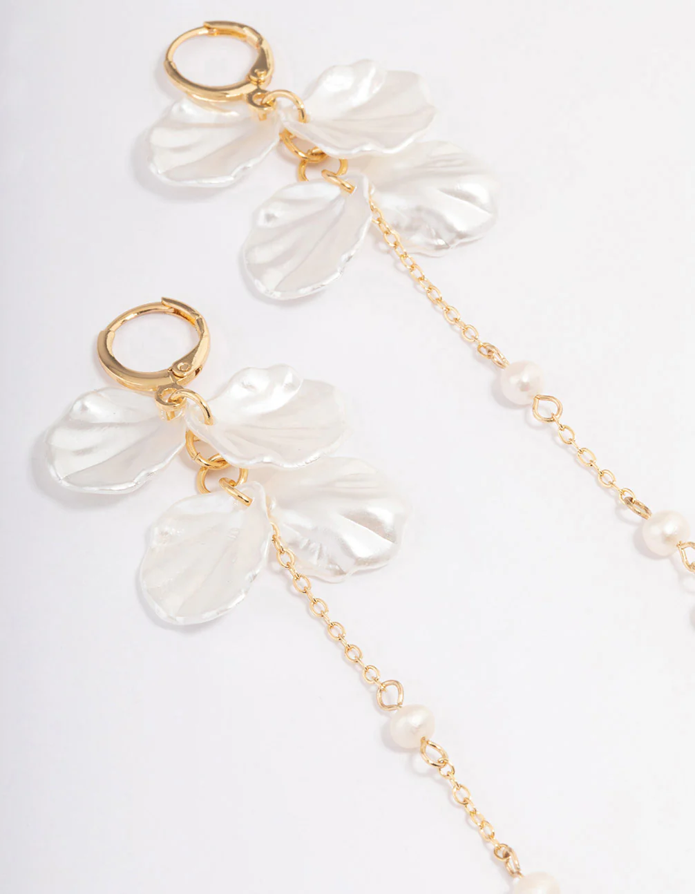 Gold Plated Large Petal Freshwater Pearl Drop Huggie Earrings - Image 2