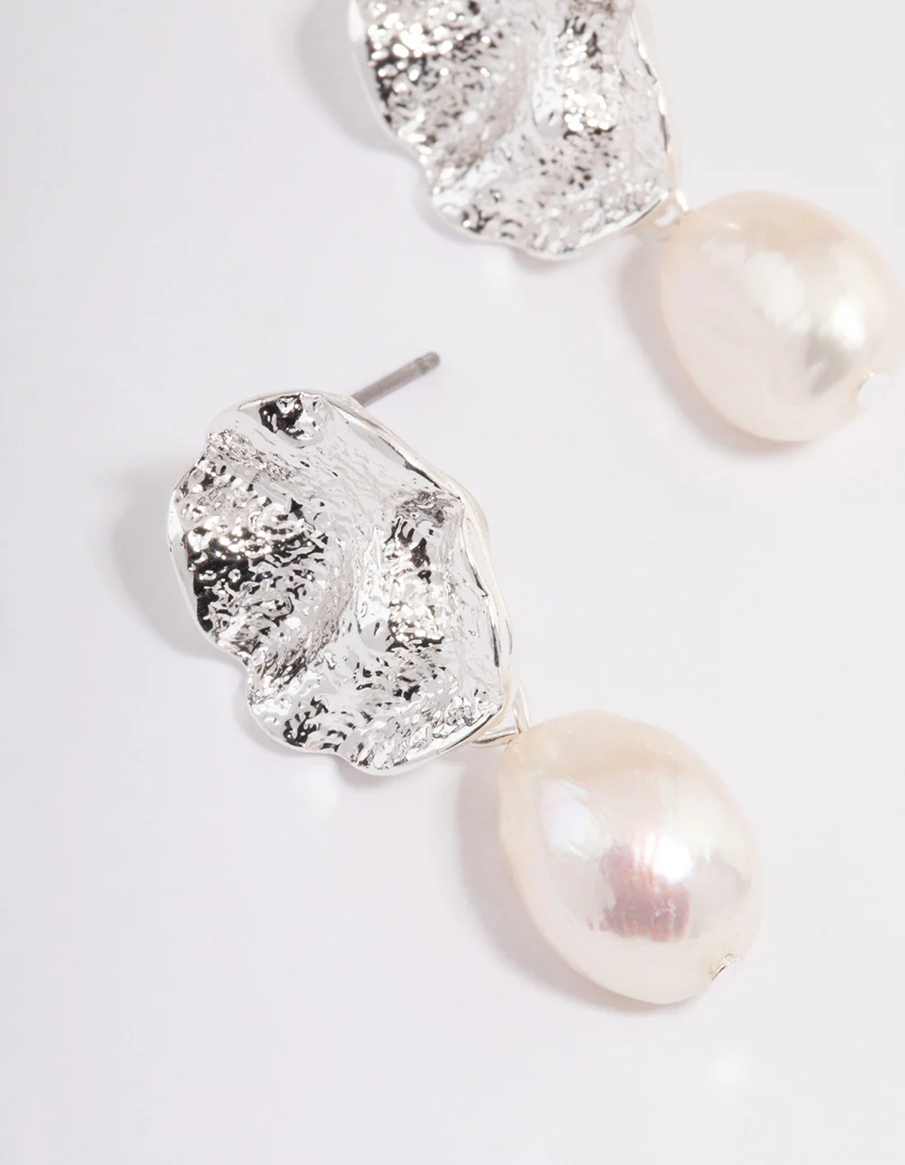 Silver Plated Crater Freshwater Pearl Drop Earrings - Image 2