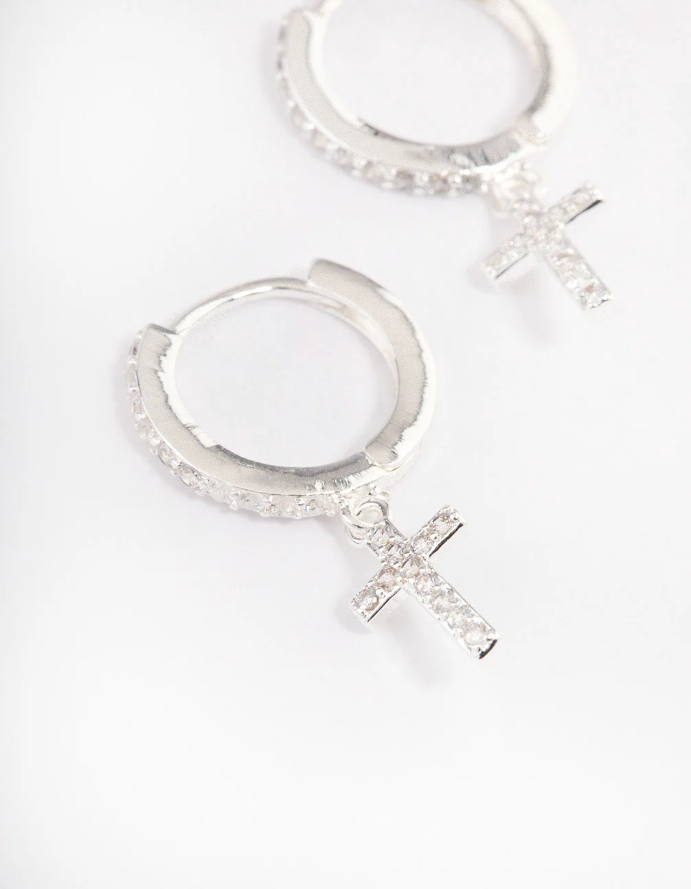 Silver Plated Cubic Zirconia Cross Drop Huggie Earrings - Image 2