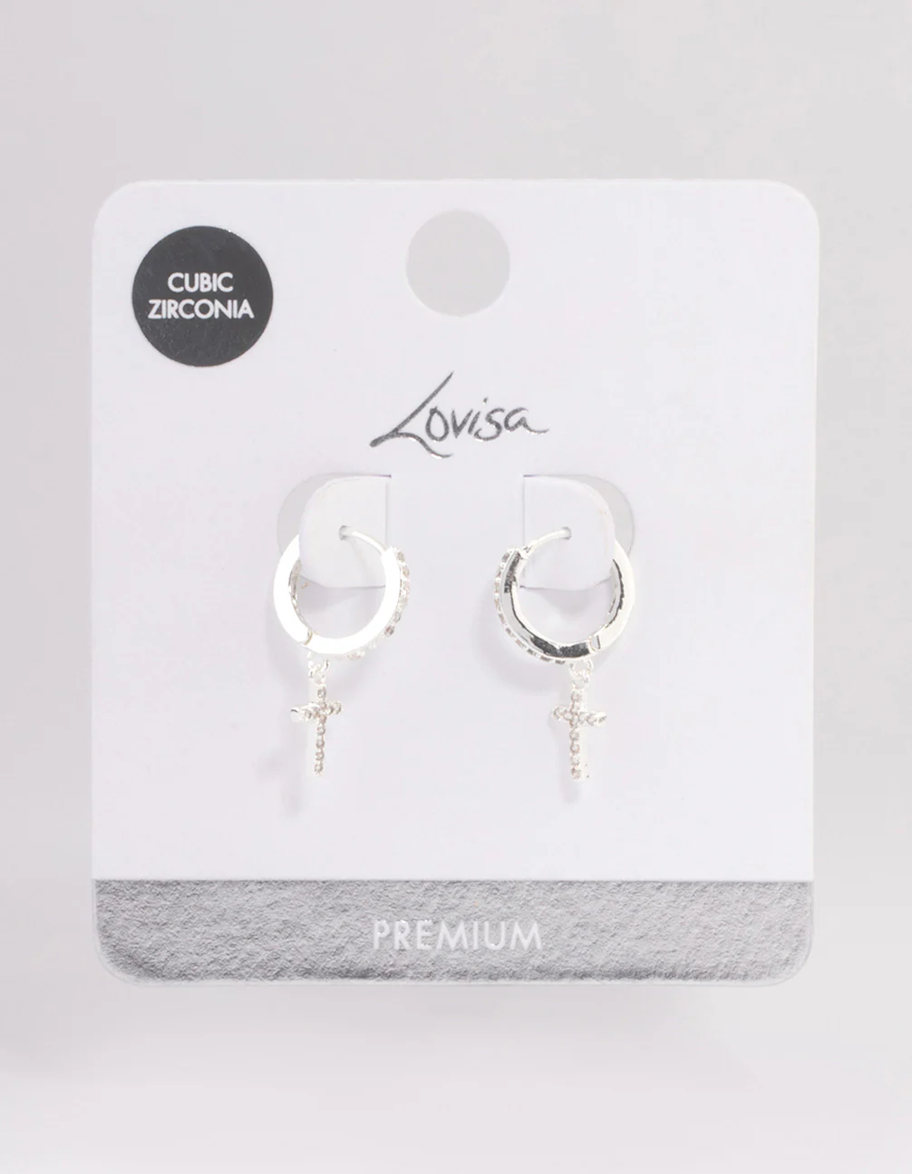 Silver Plated Cubic Zirconia Cross Drop Huggie Earrings - Image 3