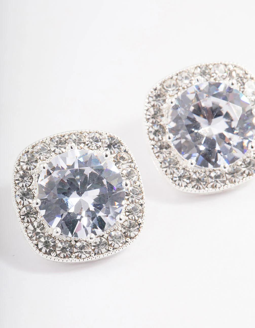 Silver Plated Cubic Zirconia Cushion Halo Stud Earrings - Image 2