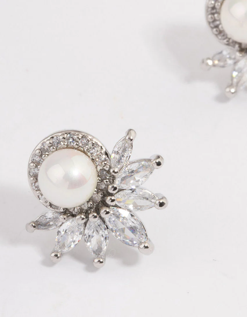 Silver Plated Cubic Zirconia Fan Pearl Stud Earrings - Image 2