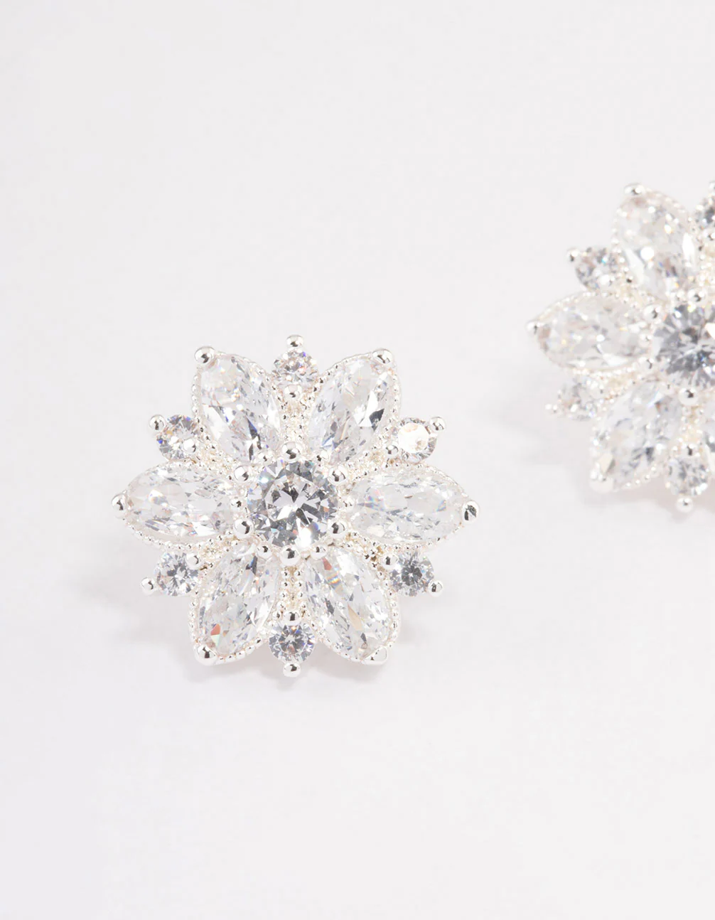 Silver Plated Cubic Zirconia Flower Stud Earrings - Image 2
