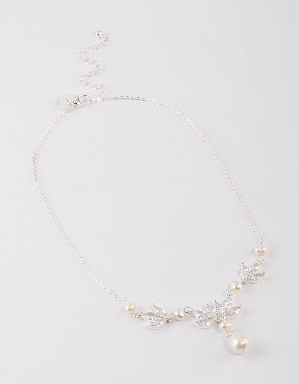 Silver Plated Cubic Zirconia Leaf Freshwater Pearl Y-Necklace - Image 2