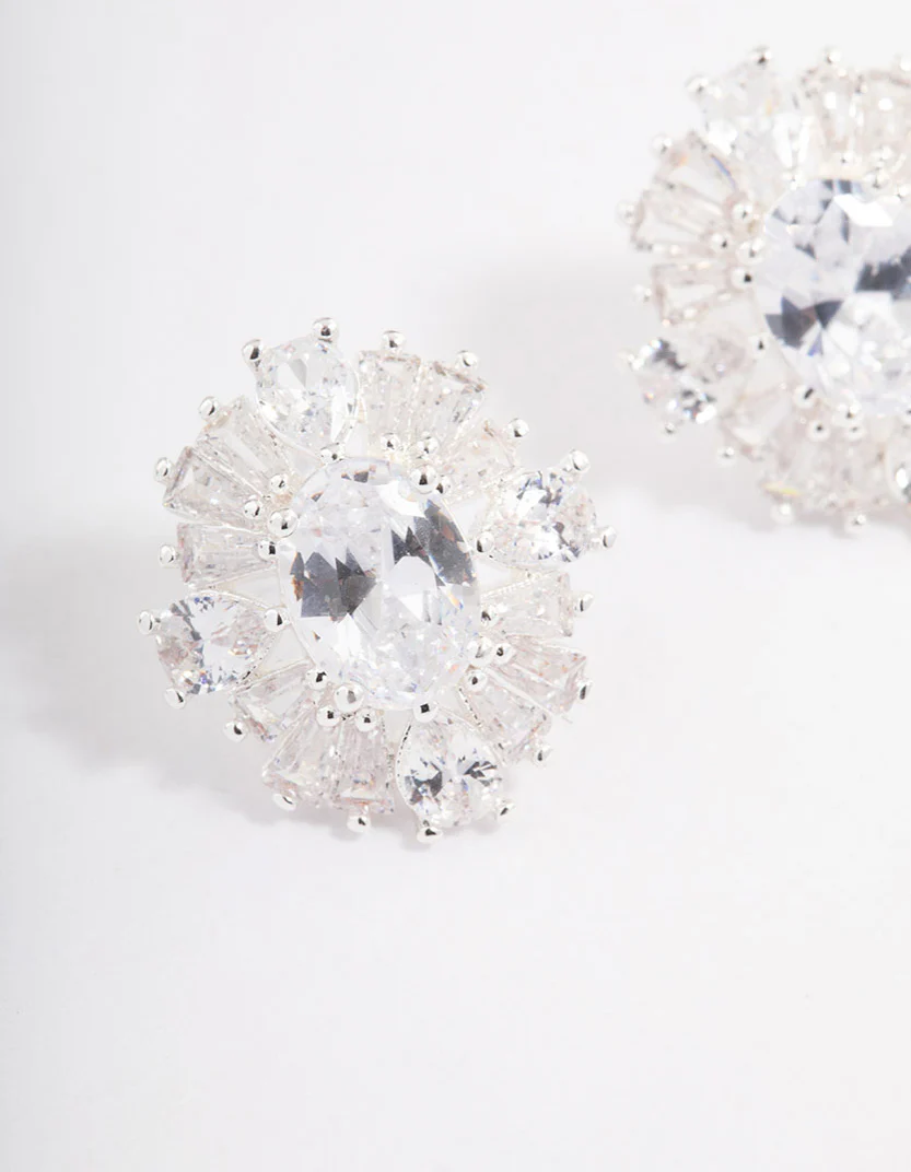 Silver Plated Cubic Zirconia Oval Halo Stud Earrings - Image 2