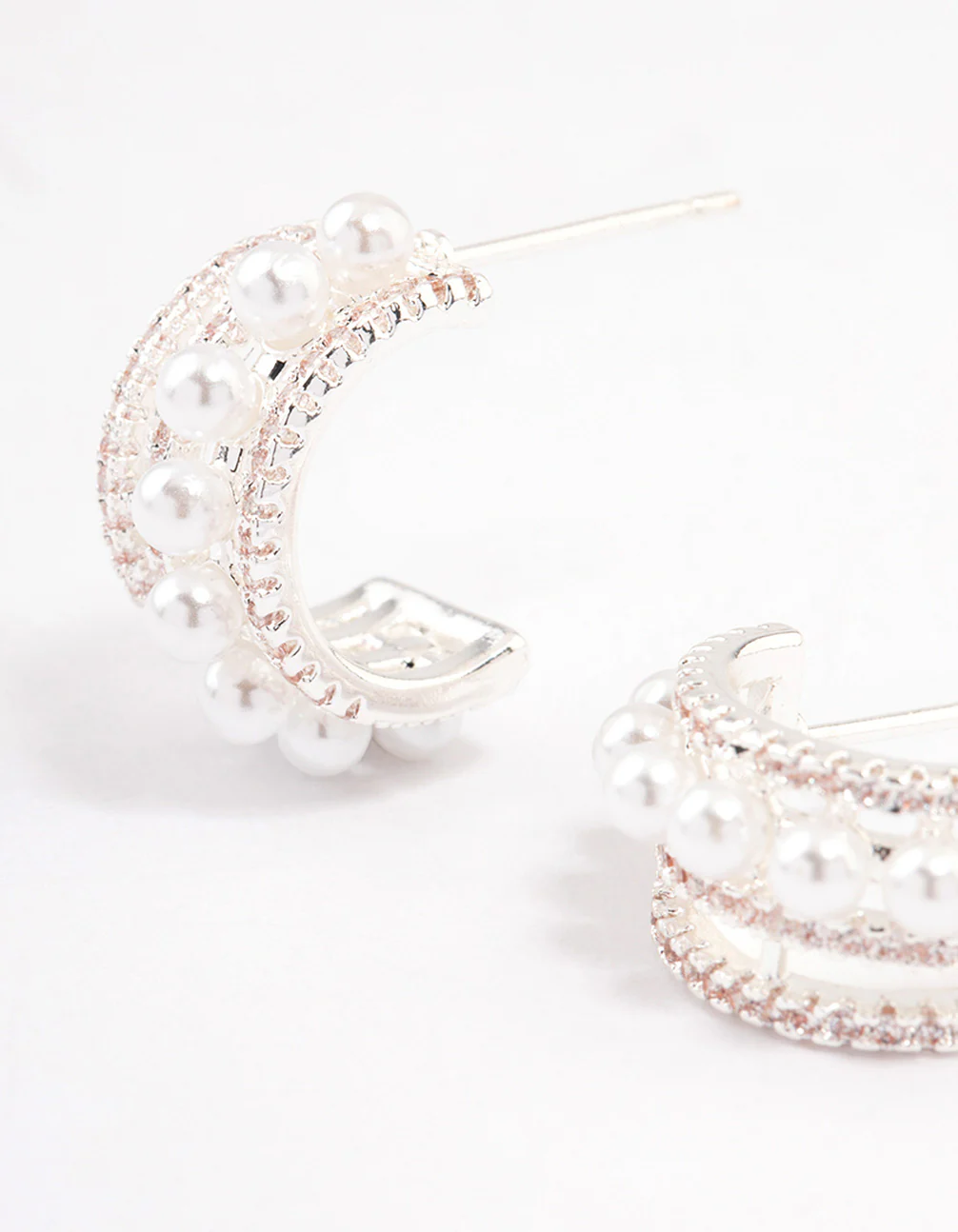 Silver Plated Cubic Zirconia Pearl Layered Small Hoop Earrings - Image 2
