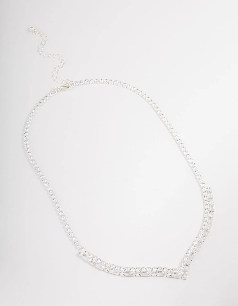 Silver Plated Cubic Zirconia Round & Baguette V-Necklace - Image 2