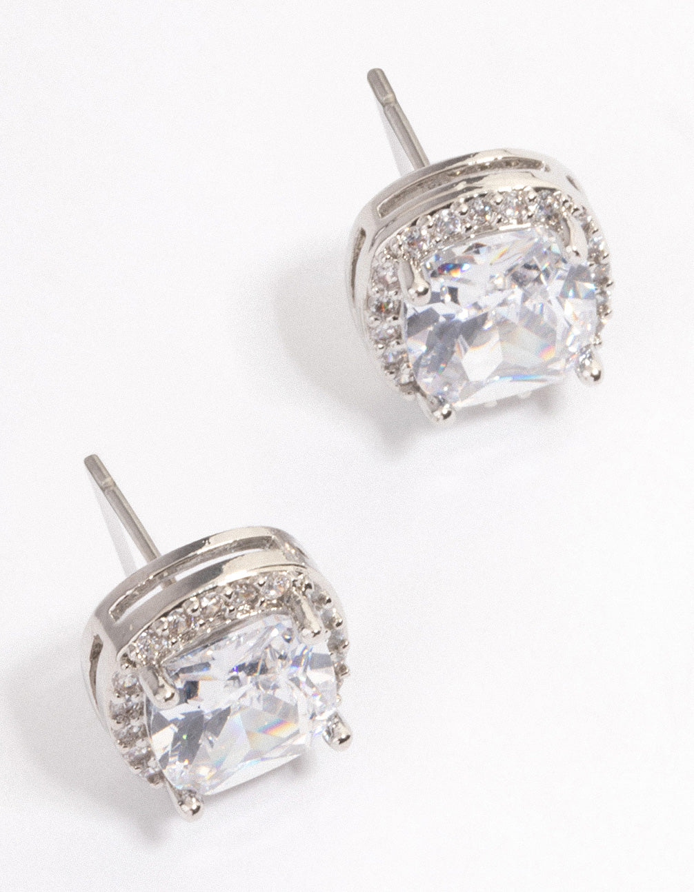 Silver Plated Cubic Zirconia Square Halo Stud Earrings - Image 2