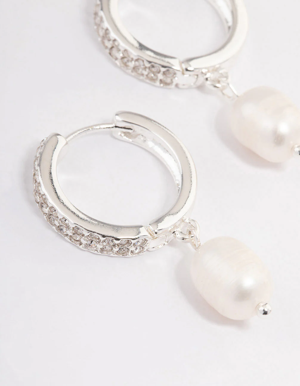 Silver Plated Freshwater Pearl Drop Cubic Zirconia Medium Huggie Earrings - Image 2