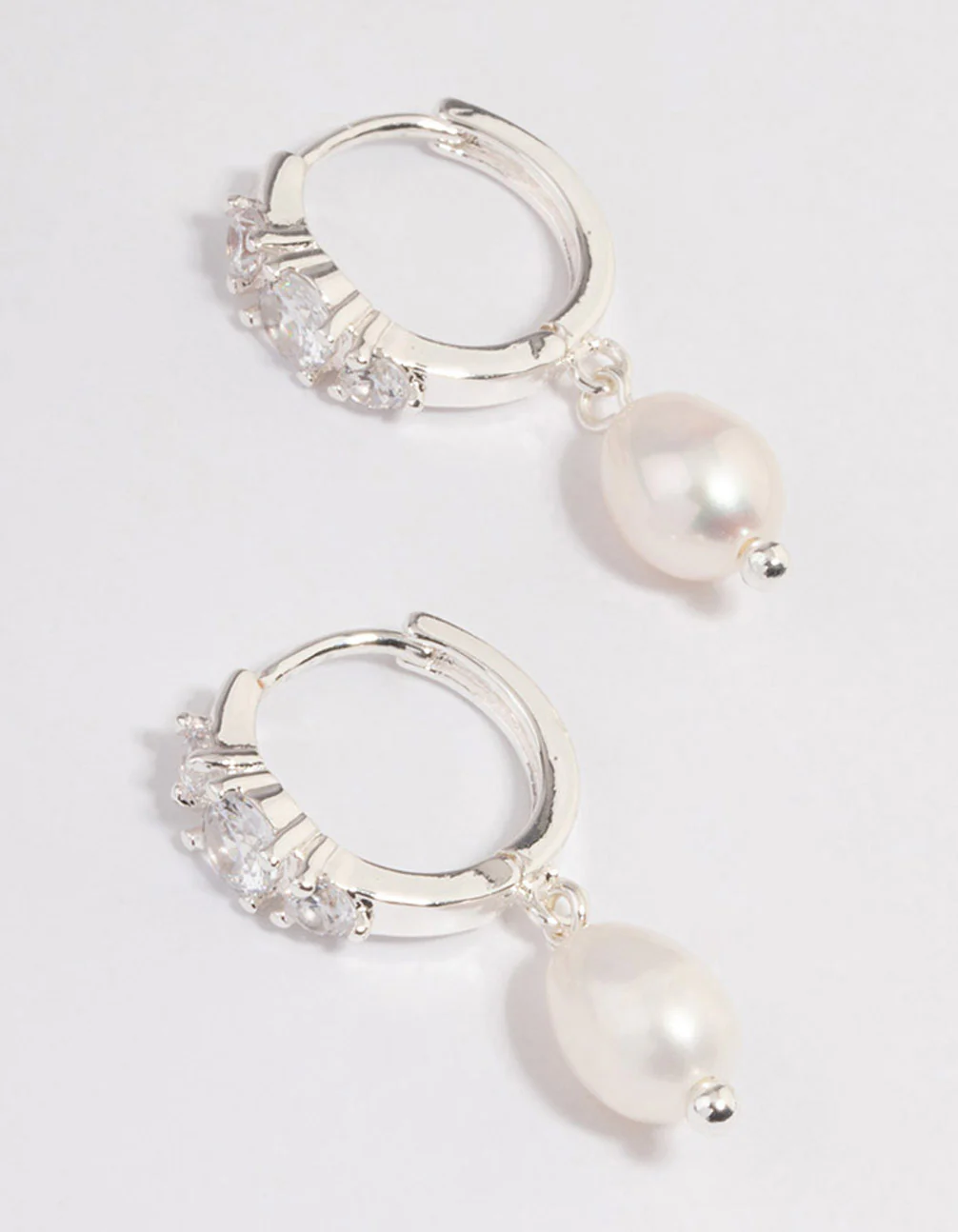 Silver Plated Freshwater Pearl Drop Cubic Zirconia Small Huggie Earrings - Image 4