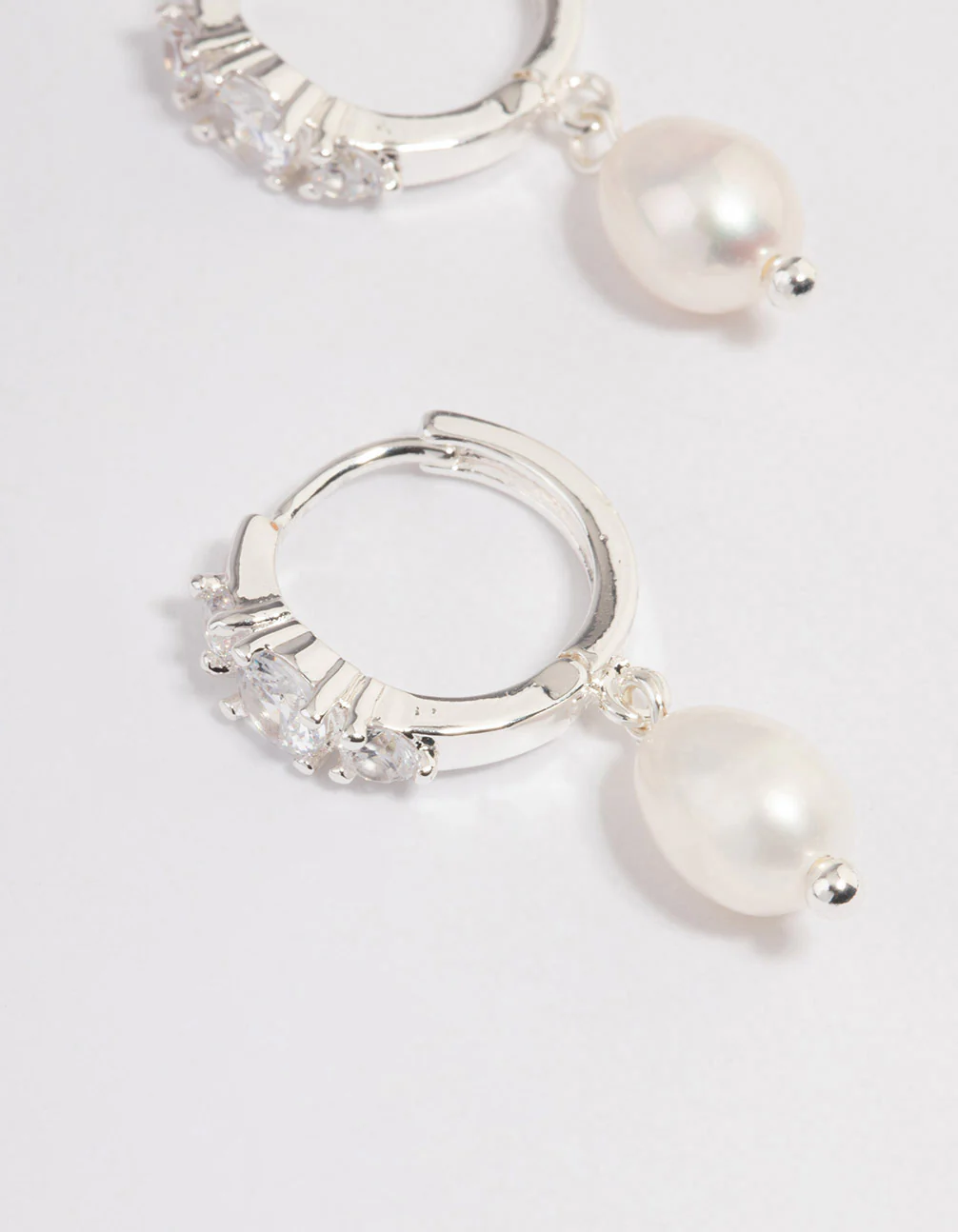 Silver Plated Freshwater Pearl Drop Cubic Zirconia Small Huggie Earrings - Image 6