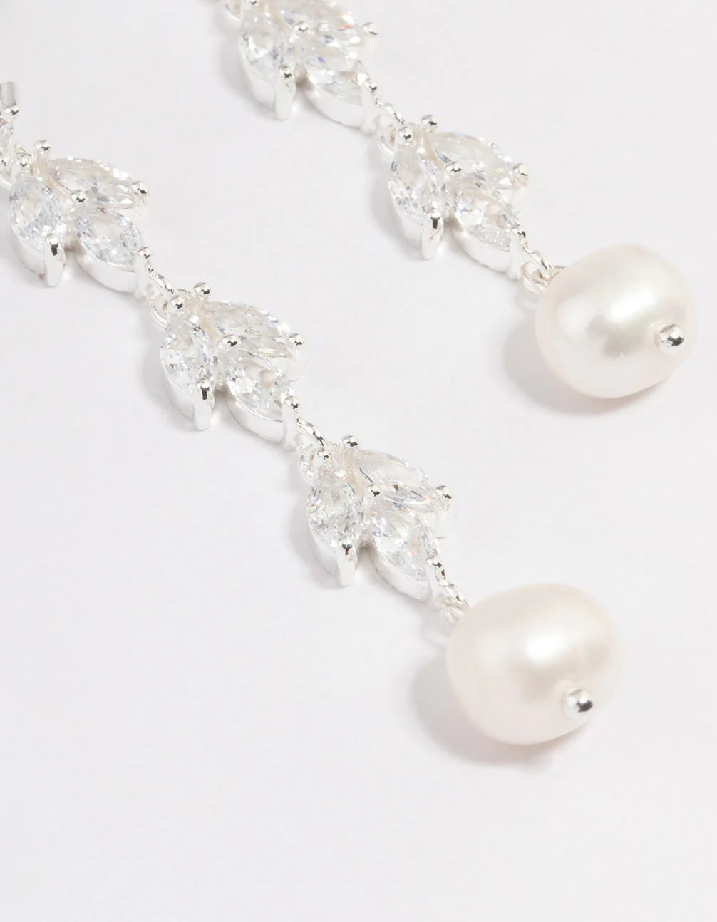 Silver Plated Leaf Pearl Cubic Zirconia Drop Earrings - Image 2