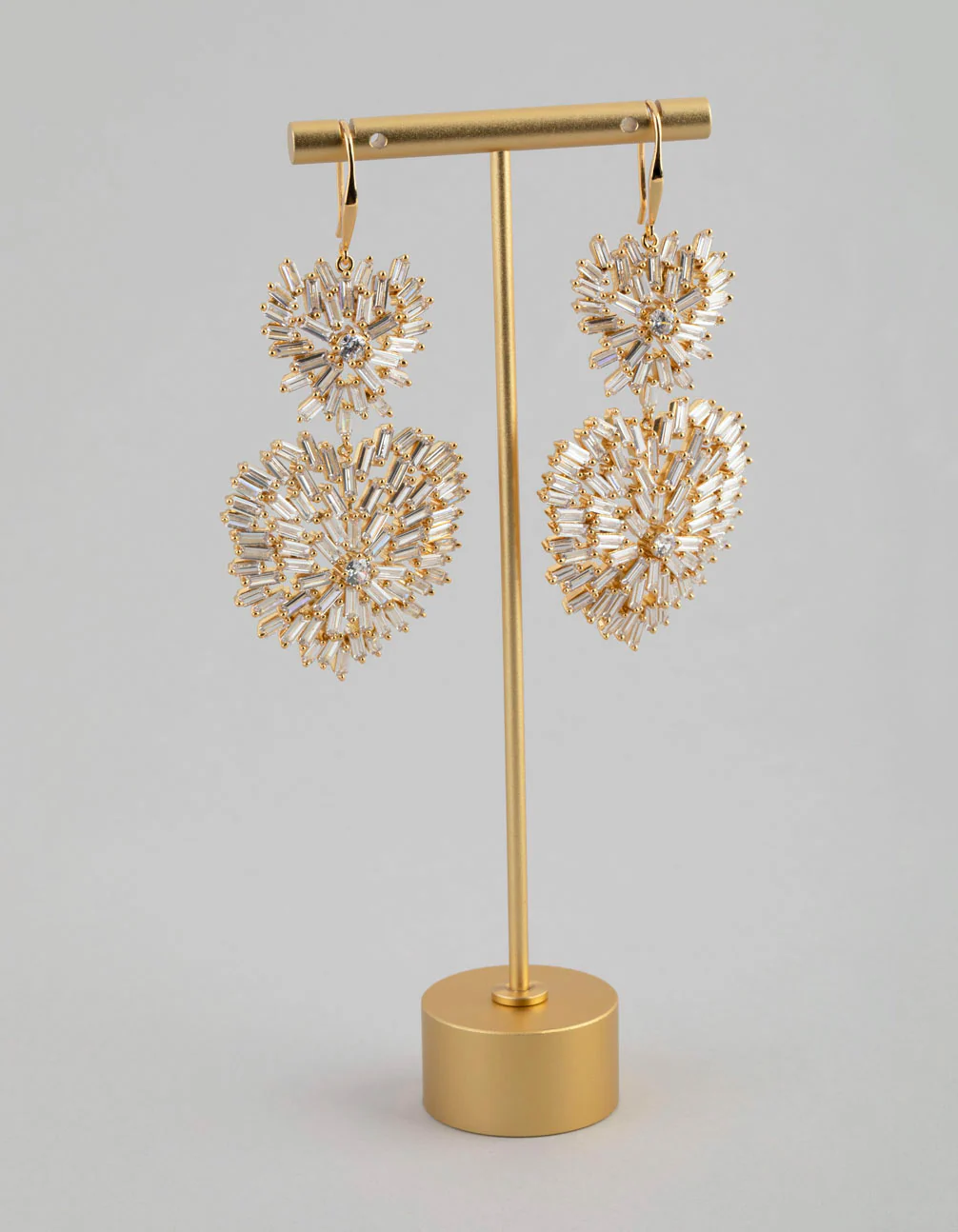 18ct Gold Plated Brass Cubic Zirconia Double Heart Drop Earrings - Image 2