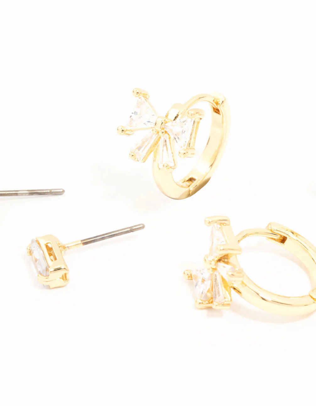 Gold Plated Cubic Zirconia Bow Huggie Earrings 3-Pack - Image 2