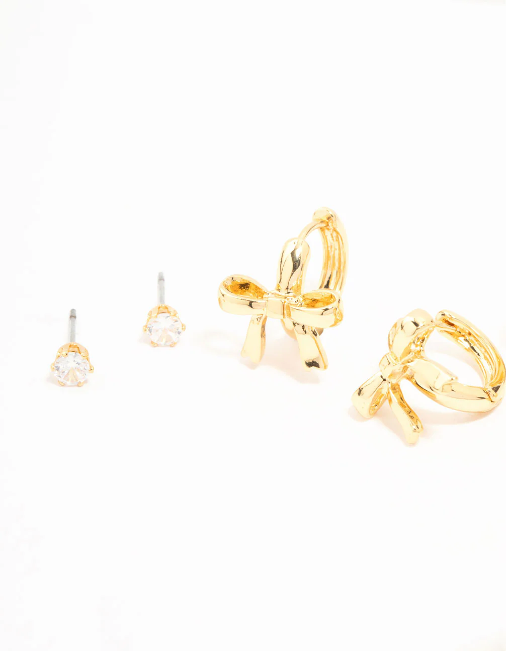 Gold Plated Brass Bow Drop & Cubic Zirconia Huggie & Stud Earrings 3-Pack - Image 2