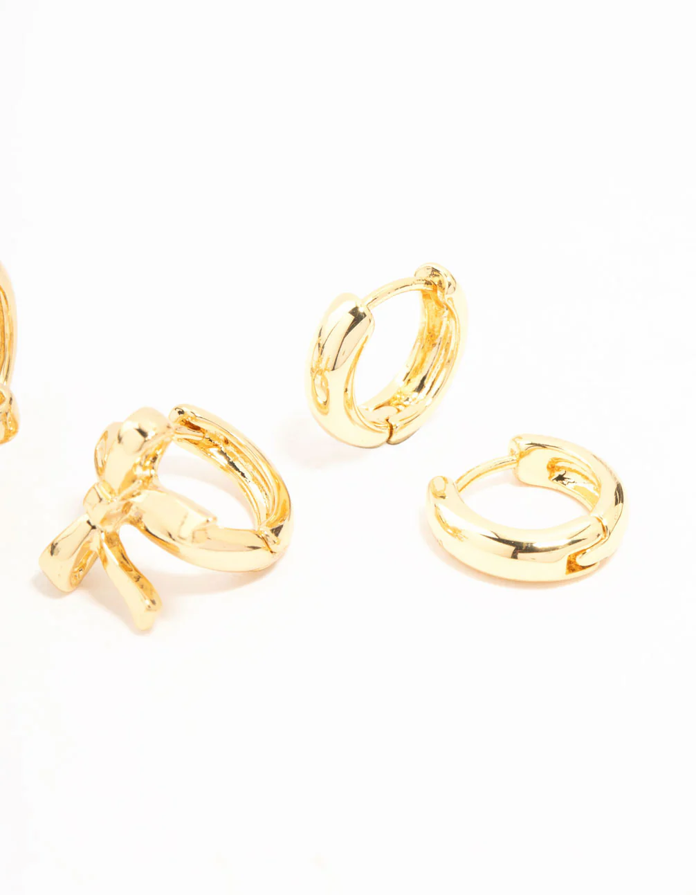 Gold Plated Brass Bow Drop & Cubic Zirconia Huggie & Stud Earrings 3-Pack - Image 3