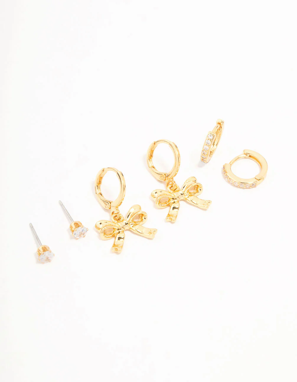 Gold Plated Brass Bow Drop & Cubic Zirconia Huggie & Stud Earrings 3-Pack