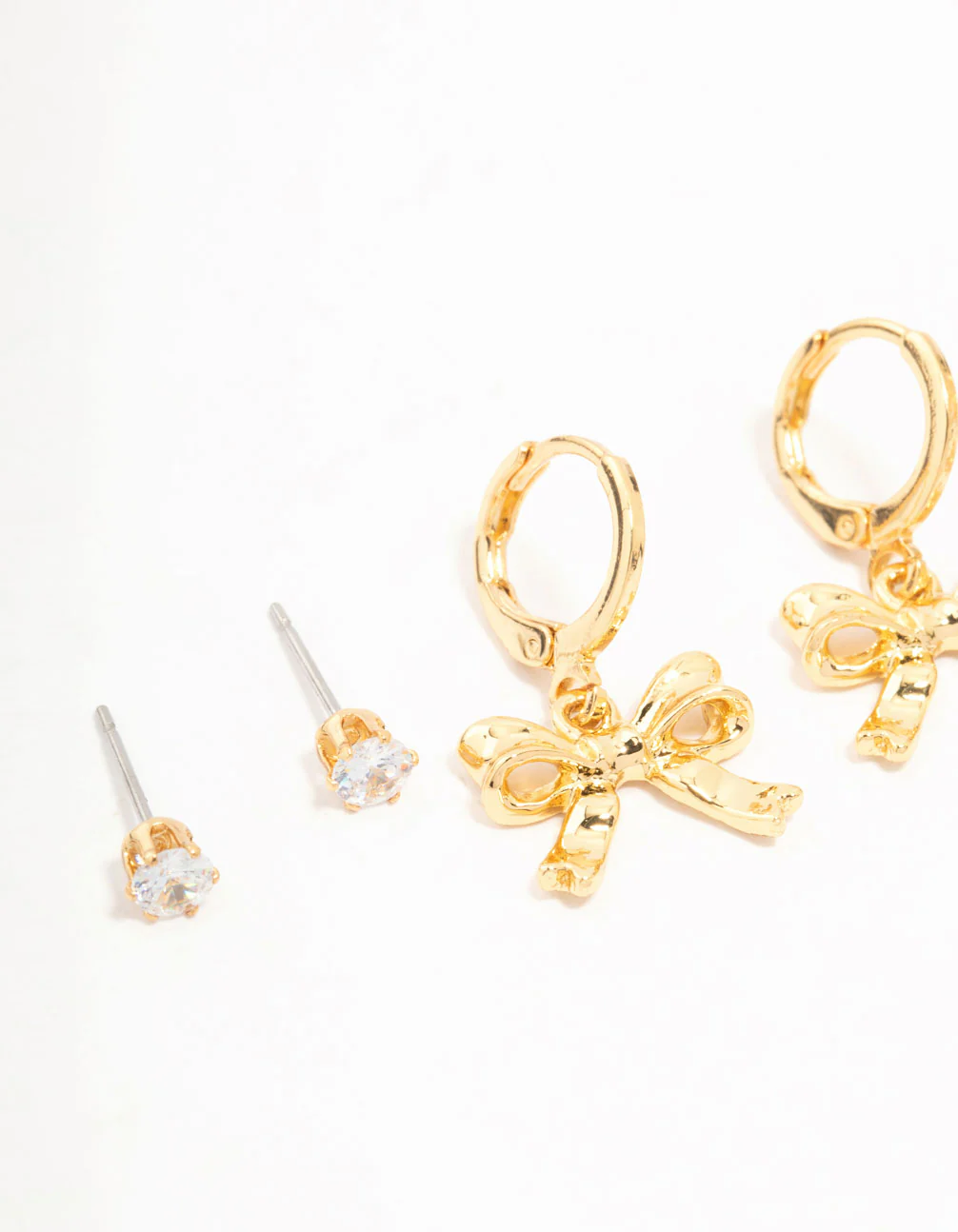 Gold Plated Brass Bow Drop & Cubic Zirconia Huggie & Stud Earrings 3-Pack - Image 2