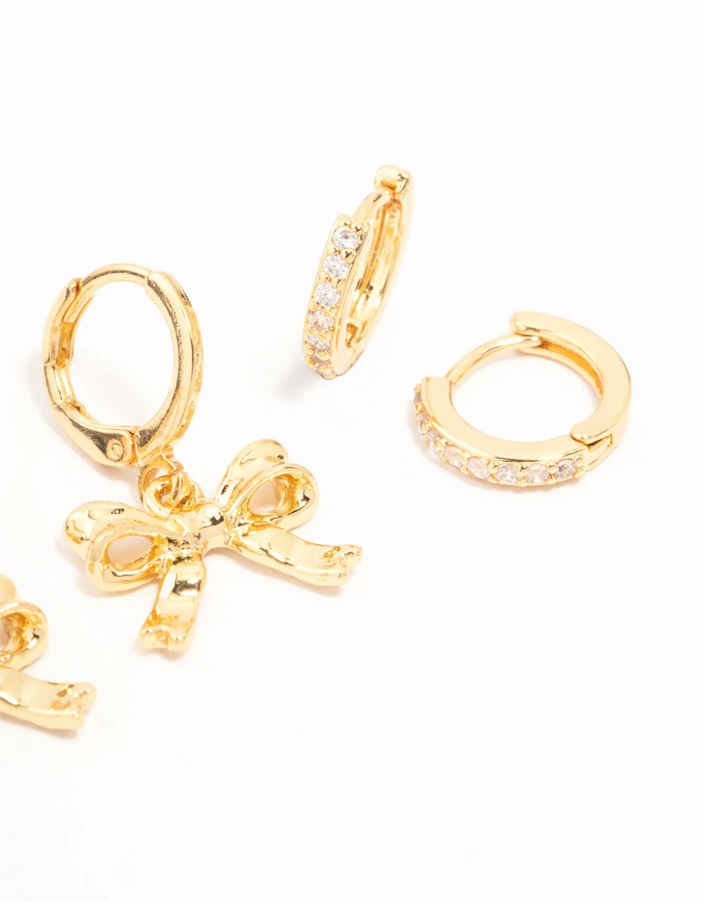 Gold Plated Brass Bow Drop & Cubic Zirconia Huggie & Stud Earrings 3-Pack - Image 3