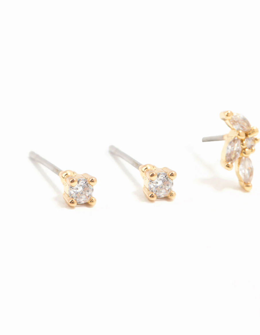Gold Plated Brass Cubic Zirconia Flower Earrings 4-Pack - Image 2