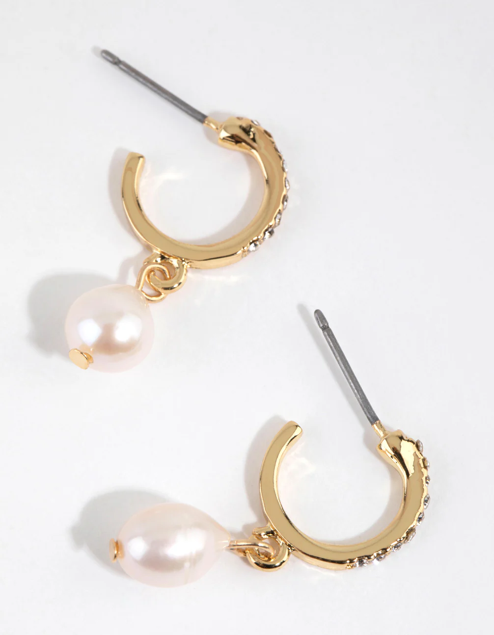 Gold Plated Diamante & Freshwater Pearl Huggie Earrings - Image 2