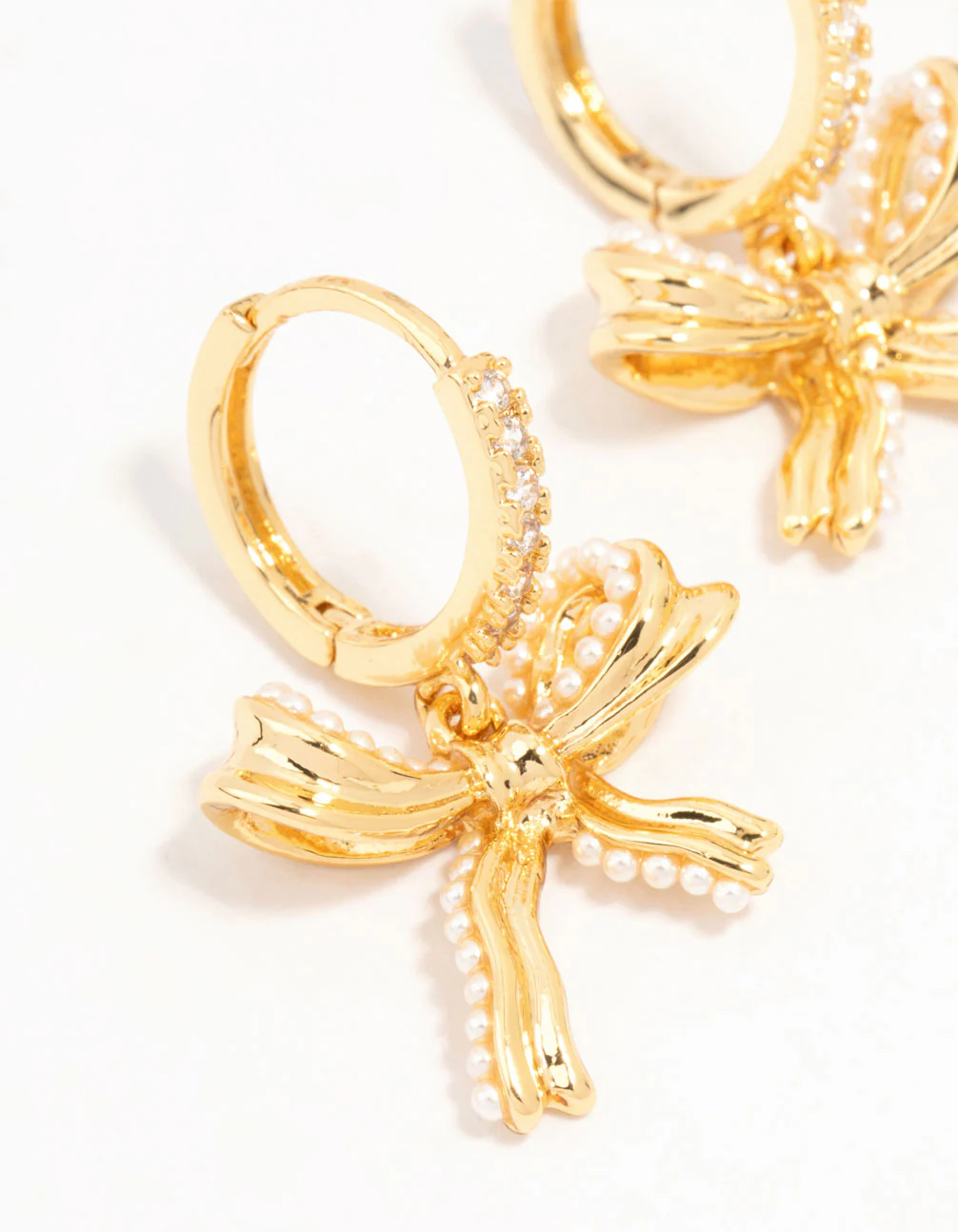 Gold Plated Brass Freshwater Pearl Encrusted Bow Drop Huggie Earrings - Image 2