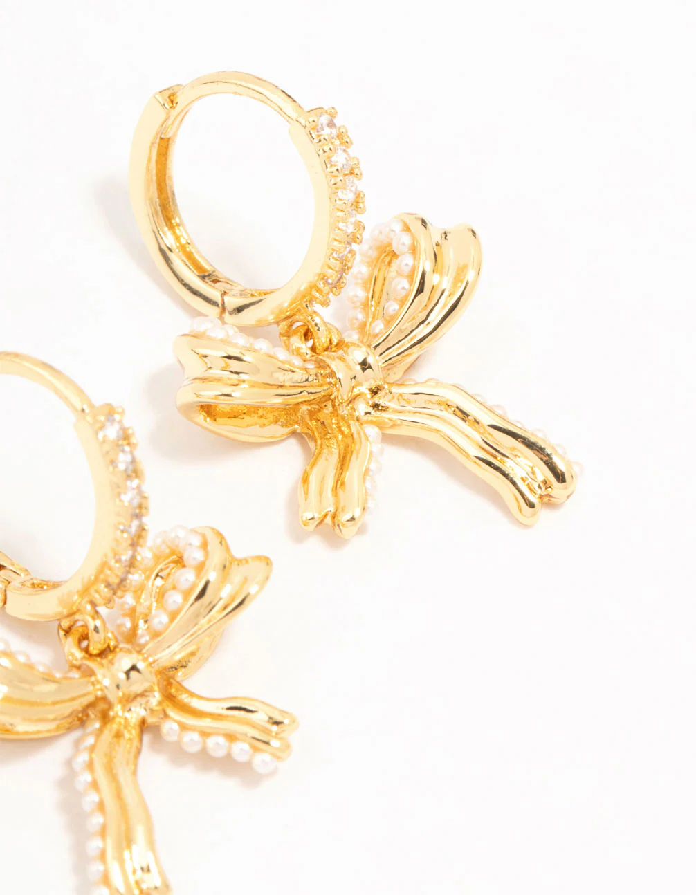 Gold Plated Brass Freshwater Pearl Encrusted Bow Drop Huggie Earrings - Image 3
