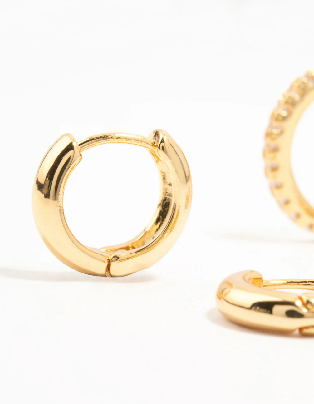 Gold Plated Brass Organic & Cubic Zirconia Clicker Earrings 3-Pack - Image 2