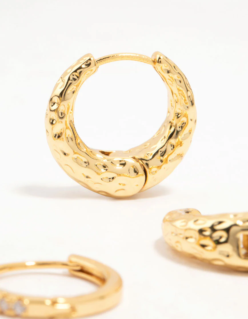Gold Plated Brass Organic & Cubic Zirconia Clicker Earrings 3-Pack - Image 3