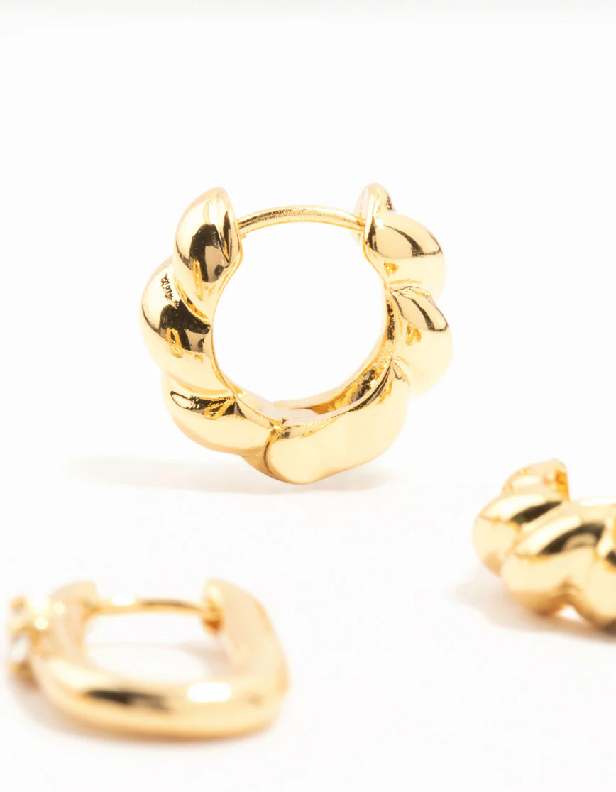 Gold Plated Brass Rope & Pave Cubic Zirconia Hoop Earrings 3-Pack - Image 3