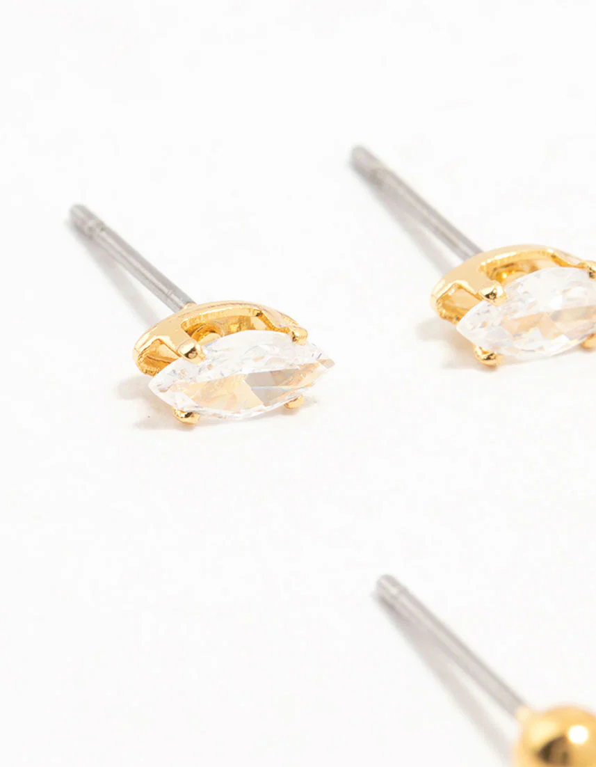 Gold Plated Brass Star & Marquise Cubic Zirconia Earrings 4-Pack - Image 2