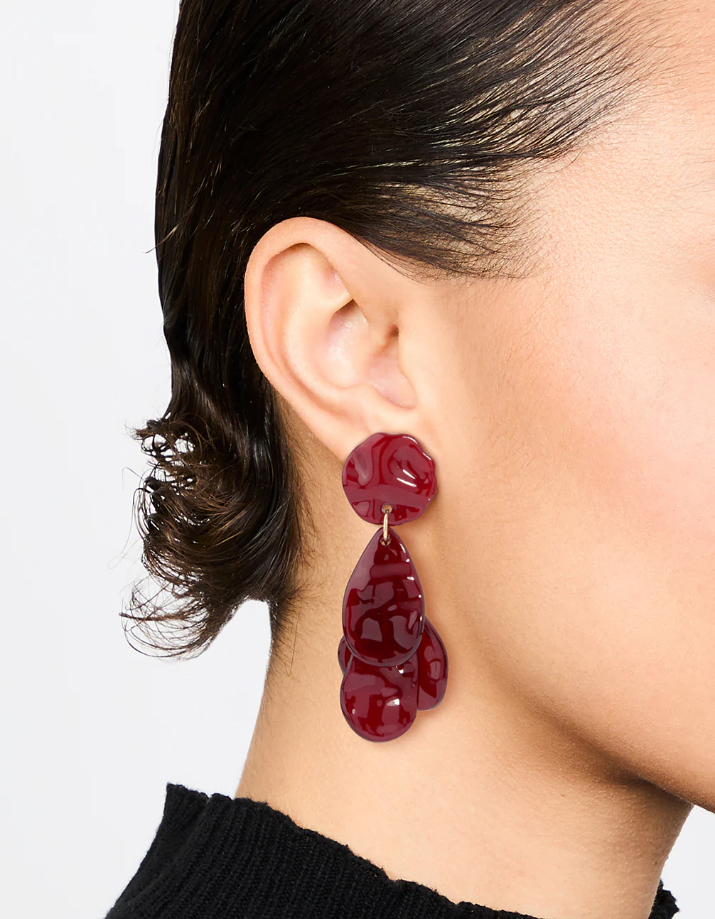 Red Acrylic Hammered Petal Drop Earrings - Image 2