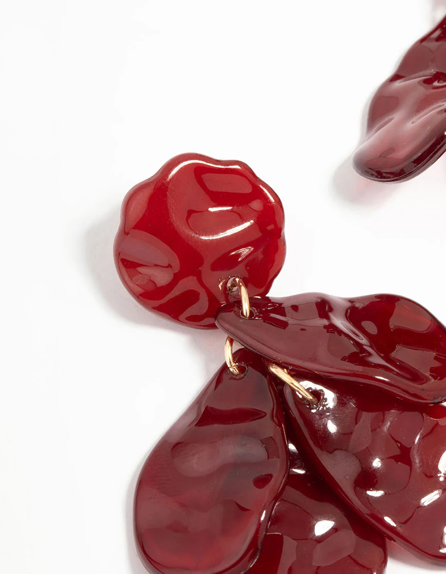 Red Acrylic Hammered Petal Drop Earrings - Image 4