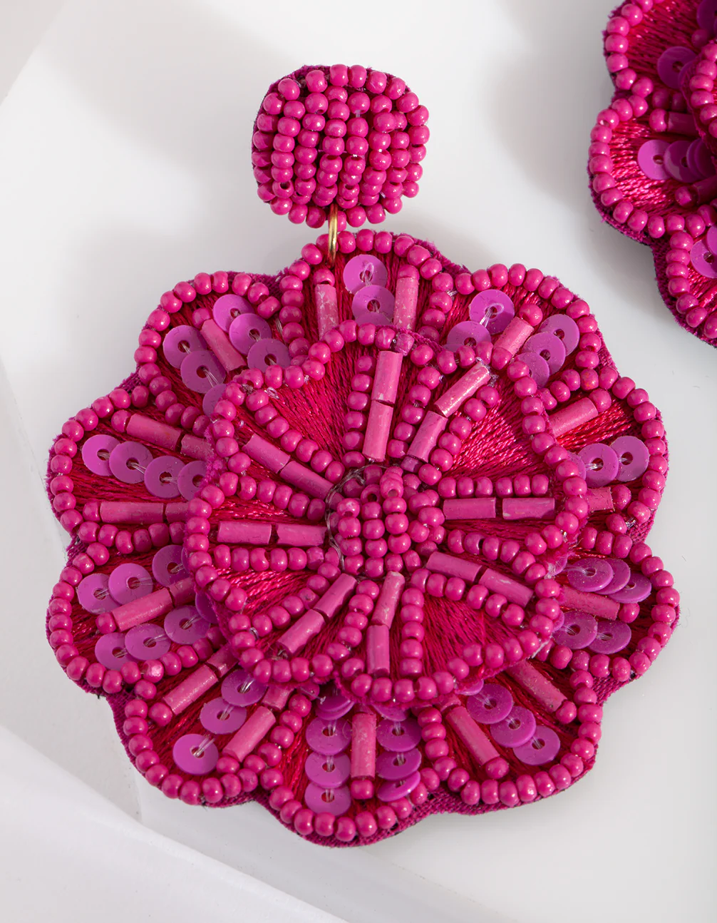 Pink Beaded Flower Drop Earrings - Image 2