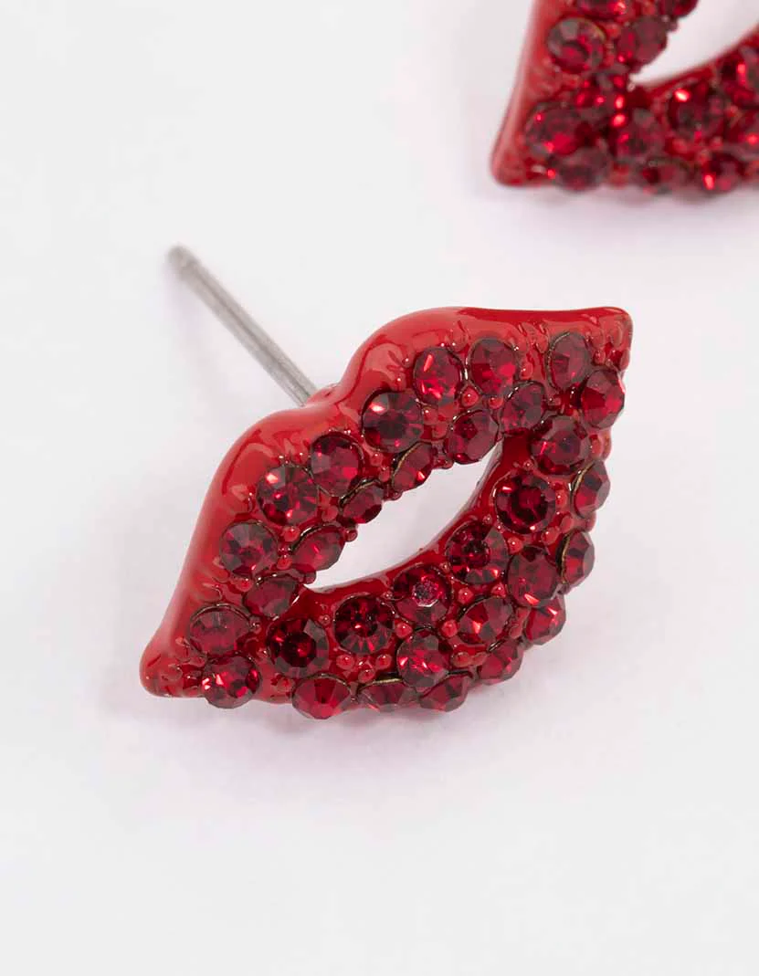 Red Bling Diamante Lip Stud Earrings - Image 2