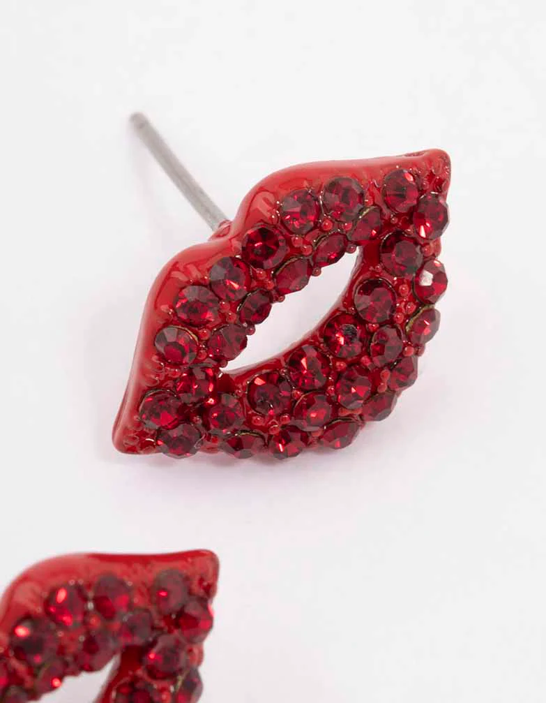 Red Bling Diamante Lip Stud Earrings - Image 3