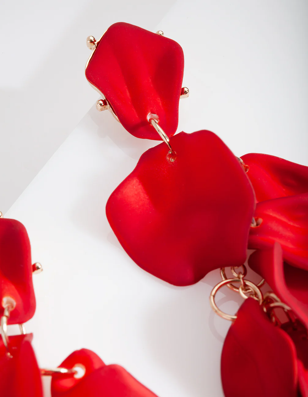Red Coated Metal Petal Drop Earrings - Image 3