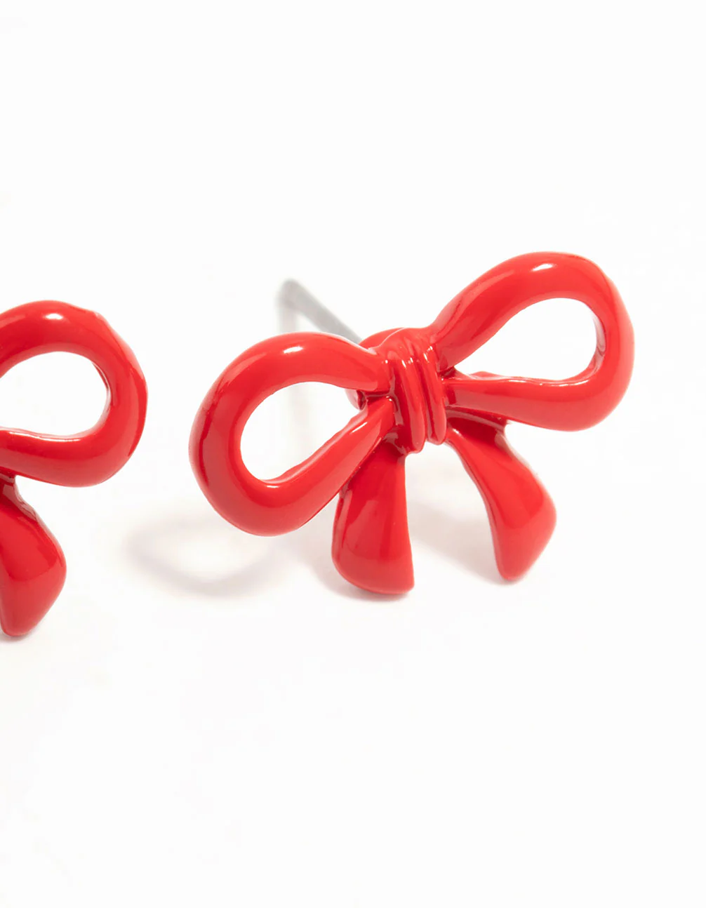 Red Coated Metal Ribbon Bow Stud Earrings - Image 3