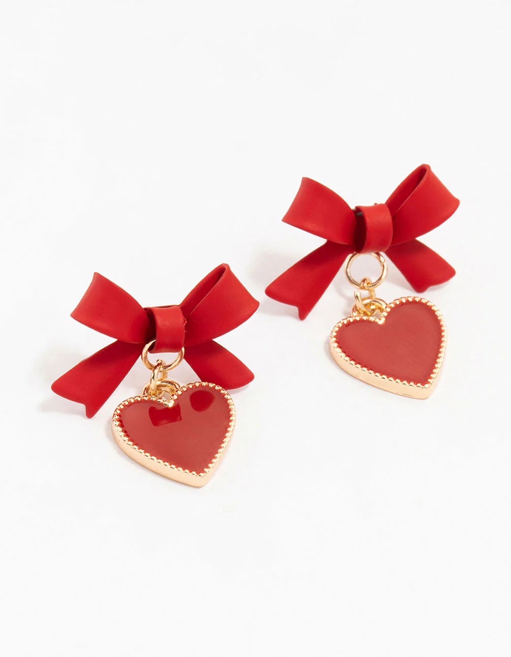 Red & Gold Coated Bow Drop Heart Stud Earrings - Image 2