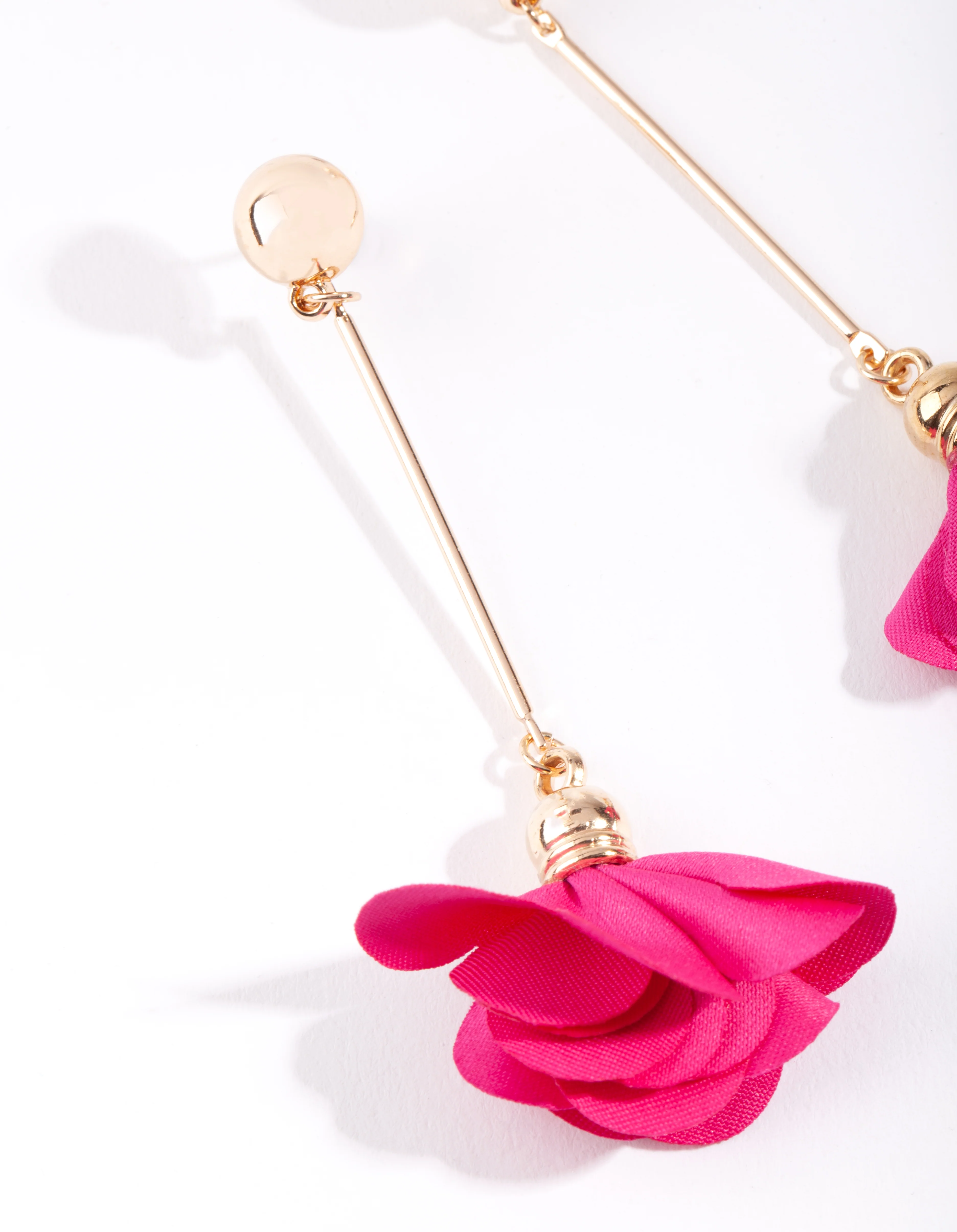 Gold Red Fabric Flower Drop Earrings - Image 2
