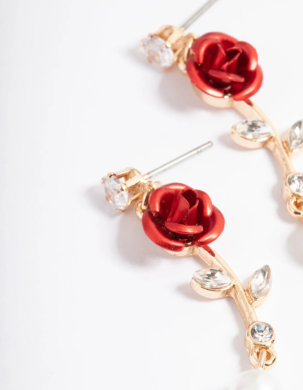 Red Bend Rose Pearly Drop Earrings - Image 2